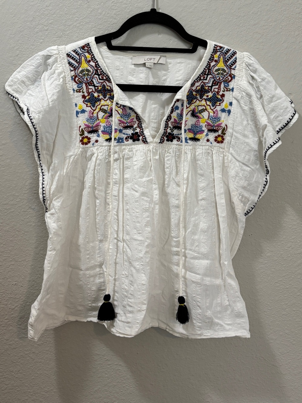 LOFT White Embroidered Tassel Tie Cotton Linen Blend Peasant Blouse Size Large